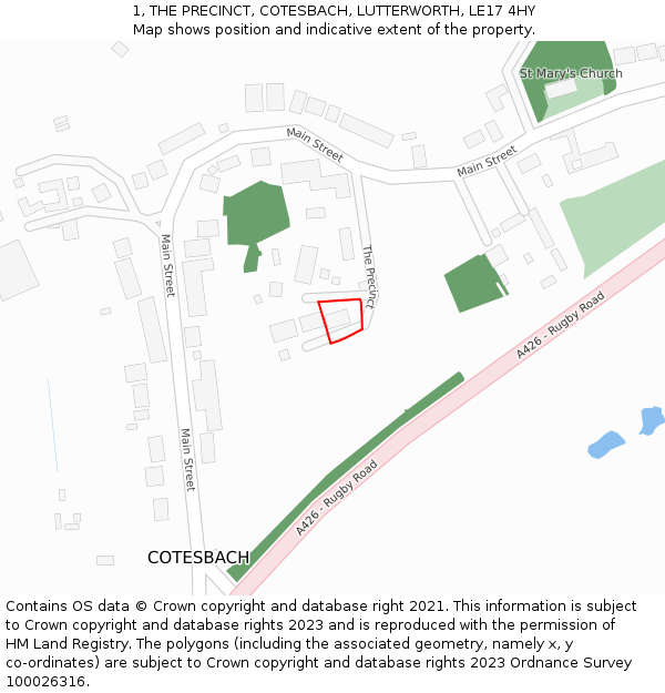 1, THE PRECINCT, COTESBACH, LUTTERWORTH, LE17 4HY: Location map and indicative extent of plot