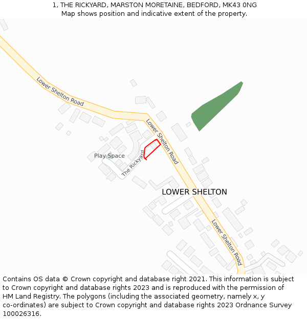 1, THE RICKYARD, MARSTON MORETAINE, BEDFORD, MK43 0NG: Location map and indicative extent of plot