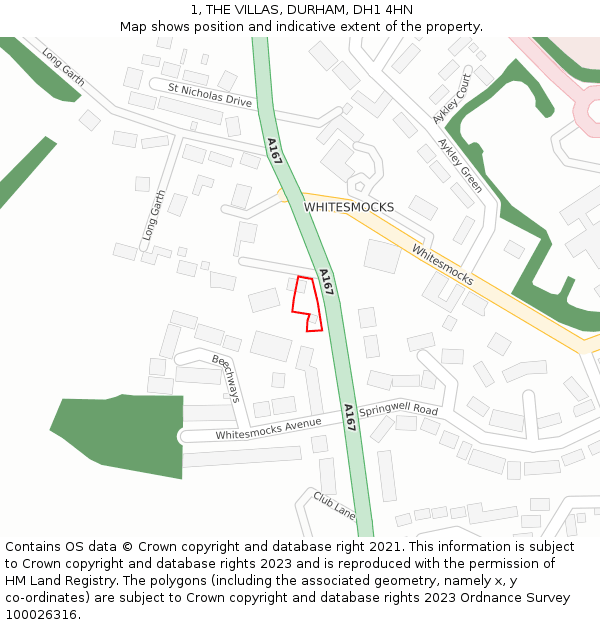 1, THE VILLAS, DURHAM, DH1 4HN: Location map and indicative extent of plot