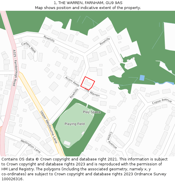 1, THE WARREN, FARNHAM, GU9 9AS: Location map and indicative extent of plot