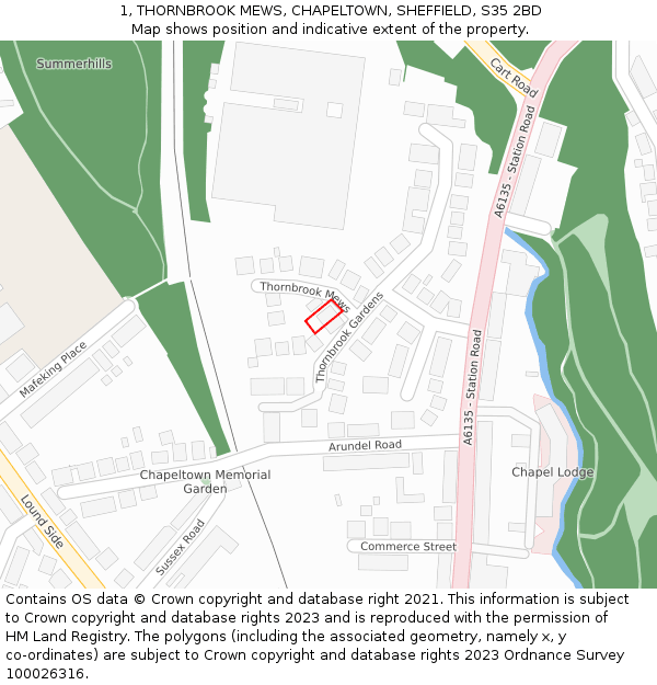 1, THORNBROOK MEWS, CHAPELTOWN, SHEFFIELD, S35 2BD: Location map and indicative extent of plot