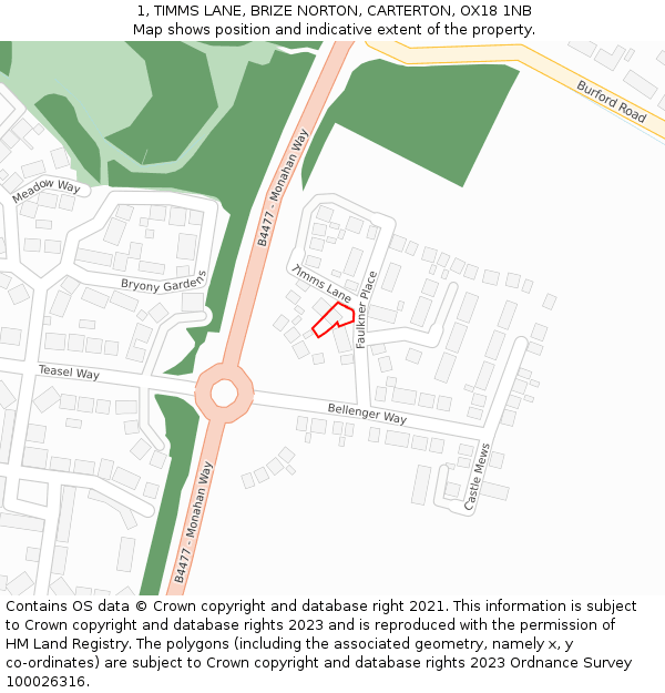 1, TIMMS LANE, BRIZE NORTON, CARTERTON, OX18 1NB: Location map and indicative extent of plot