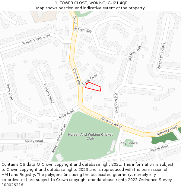 1, TOWER CLOSE, WOKING, GU21 4QF: Location map and indicative extent of plot