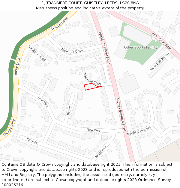1, TRANMERE COURT, GUISELEY, LEEDS, LS20 8NA: Location map and indicative extent of plot