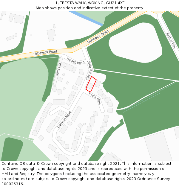 1, TRESTA WALK, WOKING, GU21 4XF: Location map and indicative extent of plot