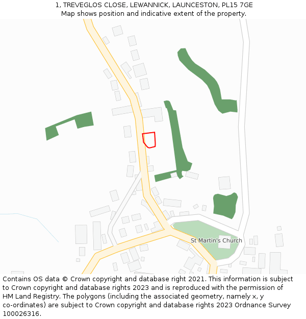 1, TREVEGLOS CLOSE, LEWANNICK, LAUNCESTON, PL15 7GE: Location map and indicative extent of plot