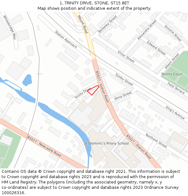 1, TRINITY DRIVE, STONE, ST15 8ET: Location map and indicative extent of plot