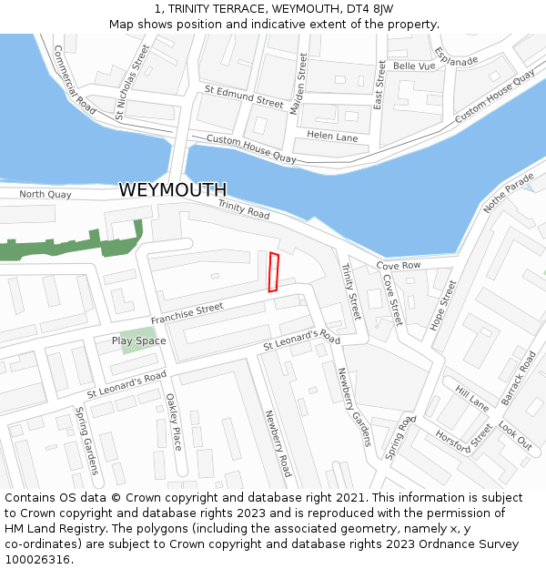 1, TRINITY TERRACE, WEYMOUTH, DT4 8JW: Location map and indicative extent of plot