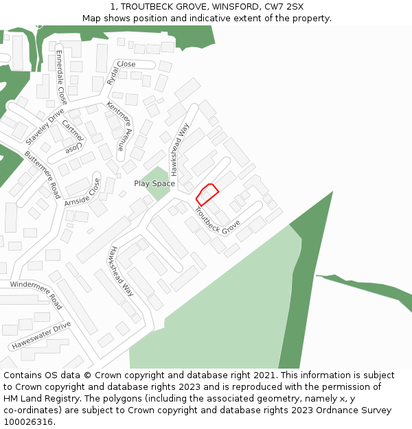 1, TROUTBECK GROVE, WINSFORD, CW7 2SX: Location map and indicative extent of plot