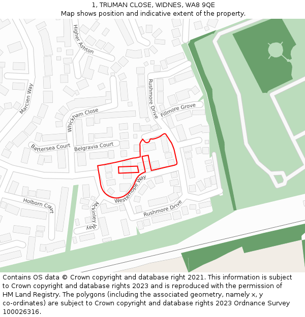 1, TRUMAN CLOSE, WIDNES, WA8 9QE: Location map and indicative extent of plot