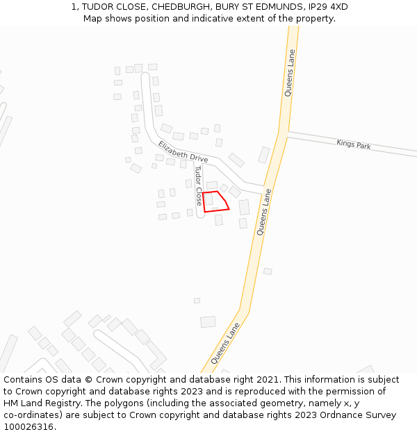 1, TUDOR CLOSE, CHEDBURGH, BURY ST EDMUNDS, IP29 4XD: Location map and indicative extent of plot