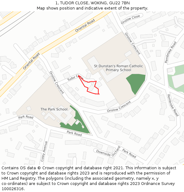 1, TUDOR CLOSE, WOKING, GU22 7BN: Location map and indicative extent of plot