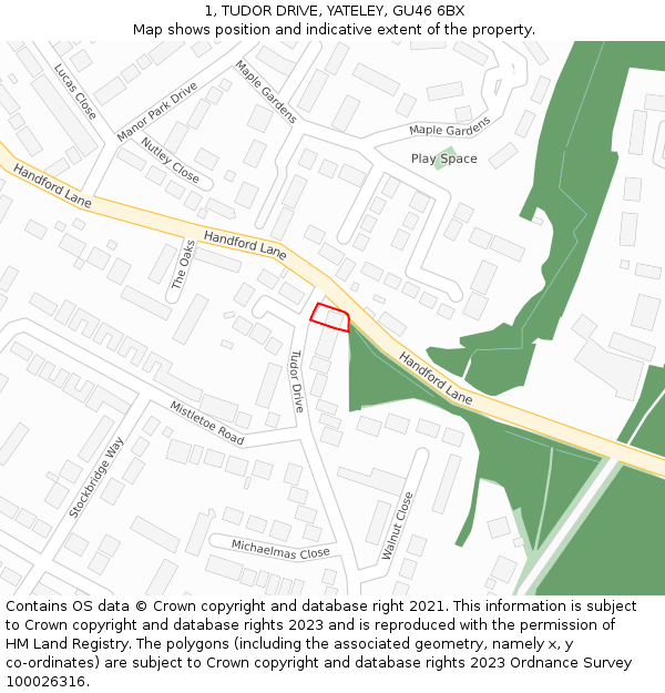 1, TUDOR DRIVE, YATELEY, GU46 6BX: Location map and indicative extent of plot