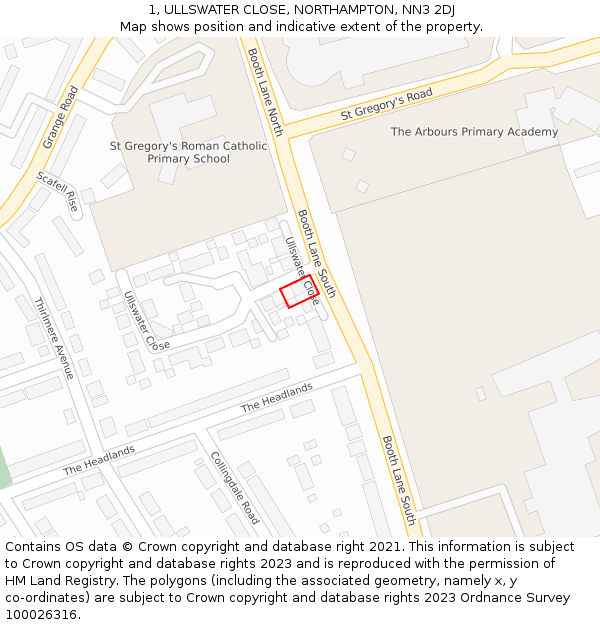 1, ULLSWATER CLOSE, NORTHAMPTON, NN3 2DJ: Location map and indicative extent of plot
