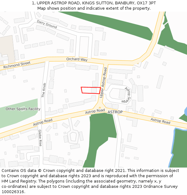 1, UPPER ASTROP ROAD, KINGS SUTTON, BANBURY, OX17 3PT: Location map and indicative extent of plot