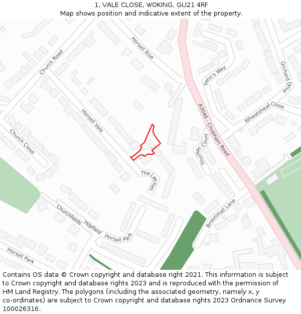 1, VALE CLOSE, WOKING, GU21 4RF: Location map and indicative extent of plot