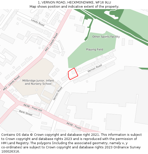1, VERNON ROAD, HECKMONDWIKE, WF16 9LU: Location map and indicative extent of plot