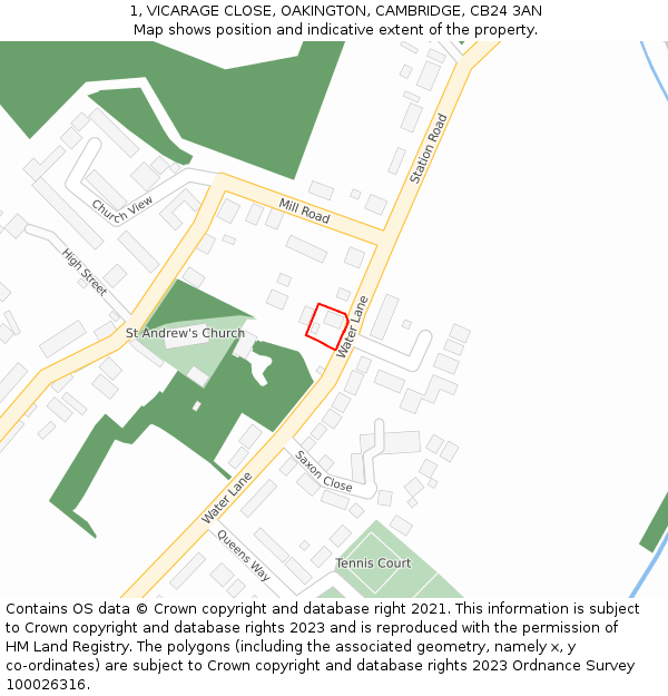 1, VICARAGE CLOSE, OAKINGTON, CAMBRIDGE, CB24 3AN: Location map and indicative extent of plot