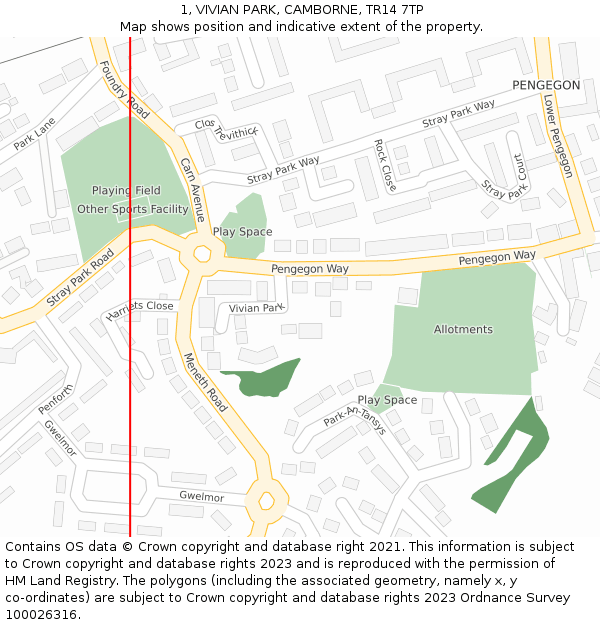 1, VIVIAN PARK, CAMBORNE, TR14 7TP: Location map and indicative extent of plot