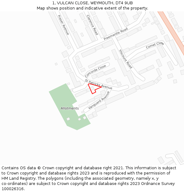 1, VULCAN CLOSE, WEYMOUTH, DT4 9UB: Location map and indicative extent of plot