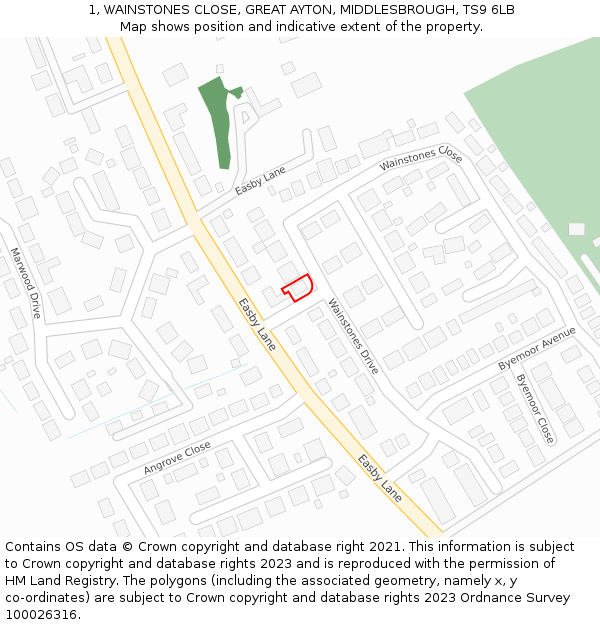 1, WAINSTONES CLOSE, GREAT AYTON, MIDDLESBROUGH, TS9 6LB: Location map and indicative extent of plot