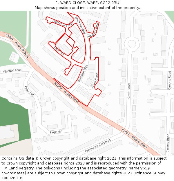 1, WARD CLOSE, WARE, SG12 0BU: Location map and indicative extent of plot