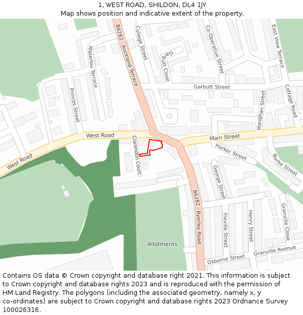 1, WEST ROAD, SHILDON, DL4 1JY: Location map and indicative extent of plot
