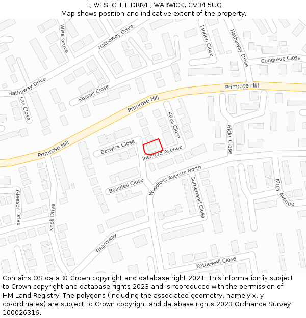 1, WESTCLIFF DRIVE, WARWICK, CV34 5UQ: Location map and indicative extent of plot