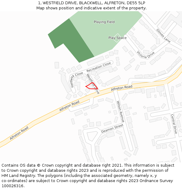 1, WESTFIELD DRIVE, BLACKWELL, ALFRETON, DE55 5LP: Location map and indicative extent of plot