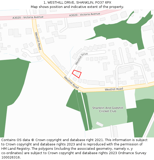 1, WESTHILL DRIVE, SHANKLIN, PO37 6PX: Location map and indicative extent of plot