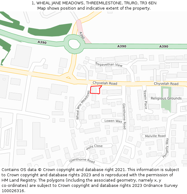 1, WHEAL JANE MEADOWS, THREEMILESTONE, TRURO, TR3 6EN: Location map and indicative extent of plot