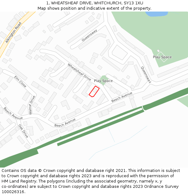 1, WHEATSHEAF DRIVE, WHITCHURCH, SY13 1XU: Location map and indicative extent of plot