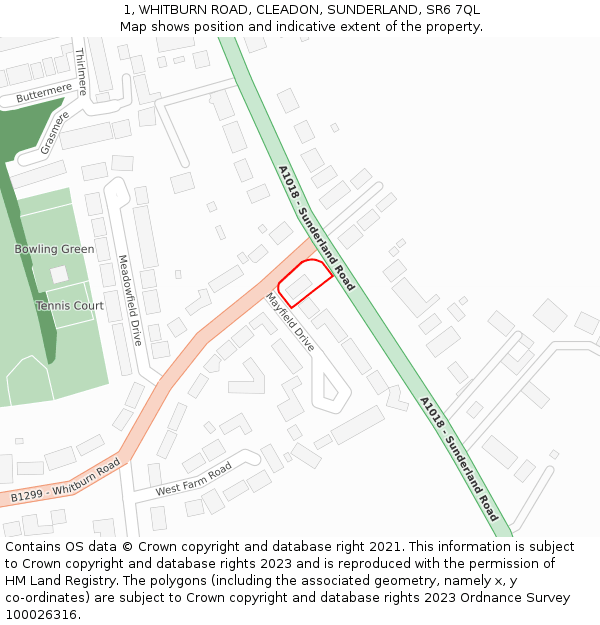 1, WHITBURN ROAD, CLEADON, SUNDERLAND, SR6 7QL: Location map and indicative extent of plot