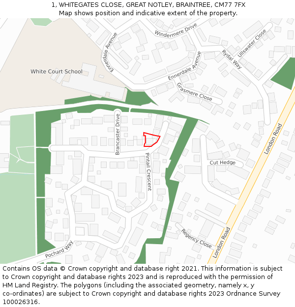 1, WHITEGATES CLOSE, GREAT NOTLEY, BRAINTREE, CM77 7FX: Location map and indicative extent of plot