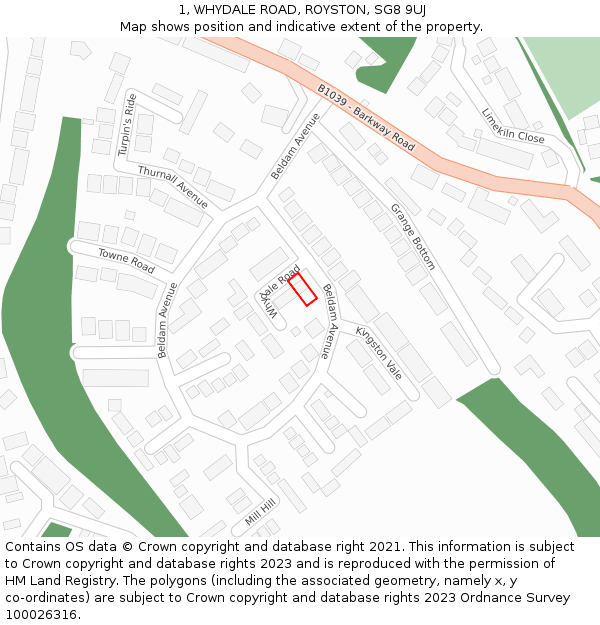 1, WHYDALE ROAD, ROYSTON, SG8 9UJ: Location map and indicative extent of plot
