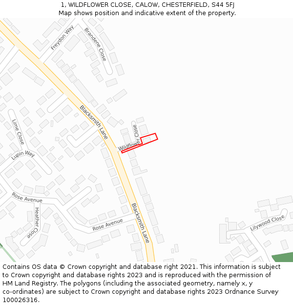 1, WILDFLOWER CLOSE, CALOW, CHESTERFIELD, S44 5FJ: Location map and indicative extent of plot