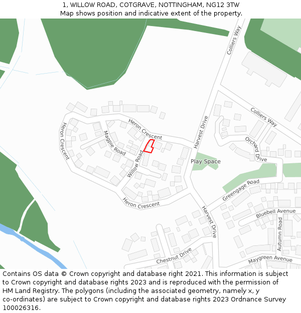 1, WILLOW ROAD, COTGRAVE, NOTTINGHAM, NG12 3TW: Location map and indicative extent of plot