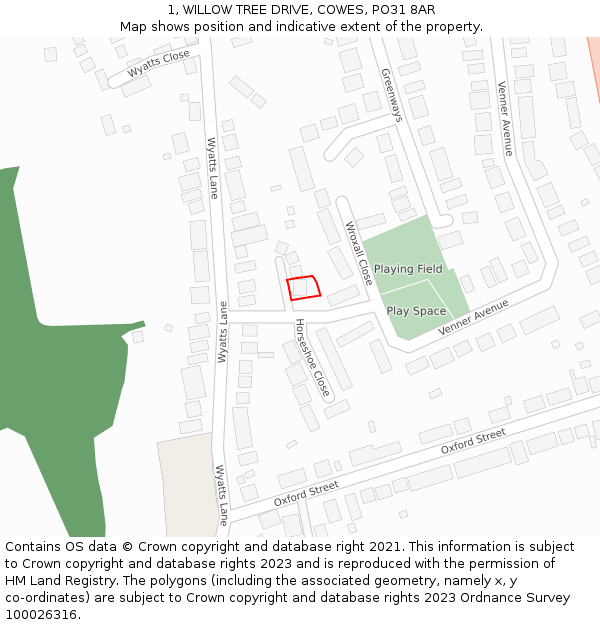 1, WILLOW TREE DRIVE, COWES, PO31 8AR: Location map and indicative extent of plot