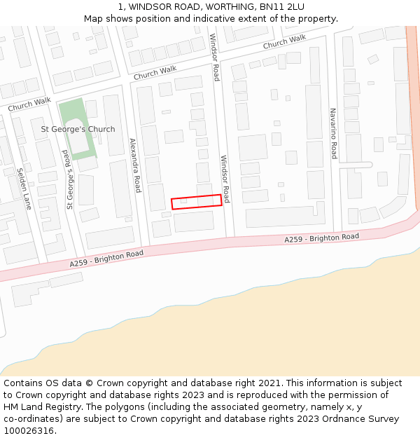 1, WINDSOR ROAD, WORTHING, BN11 2LU: Location map and indicative extent of plot