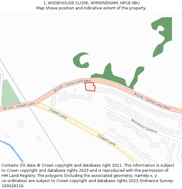 1, WODEHOUSE CLOSE, WYMONDHAM, NR18 0BU: Location map and indicative extent of plot