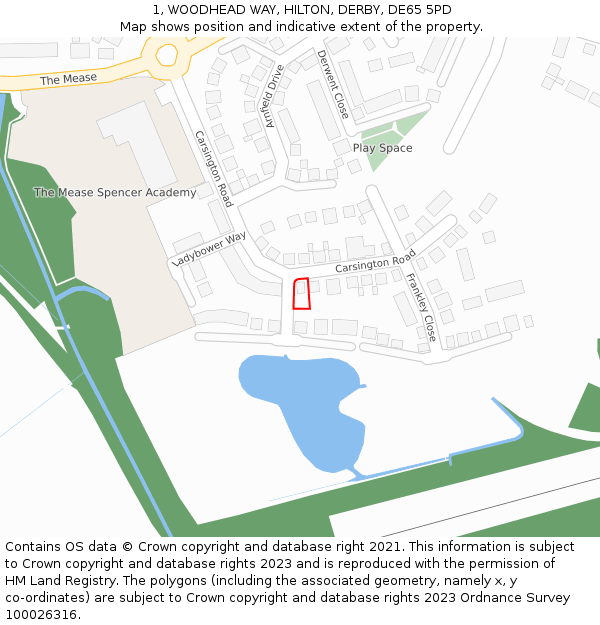 1, WOODHEAD WAY, HILTON, DERBY, DE65 5PD: Location map and indicative extent of plot
