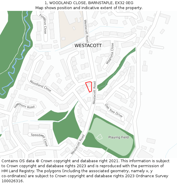 1, WOODLAND CLOSE, BARNSTAPLE, EX32 0EG: Location map and indicative extent of plot