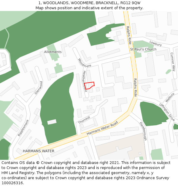 1, WOODLANDS, WOODMERE, BRACKNELL, RG12 9QW: Location map and indicative extent of plot