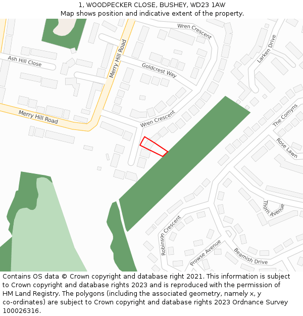 1, WOODPECKER CLOSE, BUSHEY, WD23 1AW: Location map and indicative extent of plot