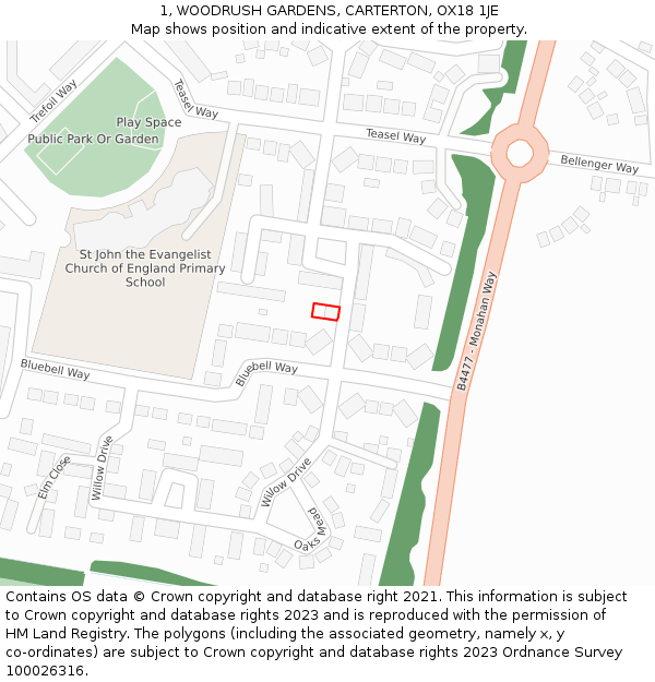 1, WOODRUSH GARDENS, CARTERTON, OX18 1JE: Location map and indicative extent of plot