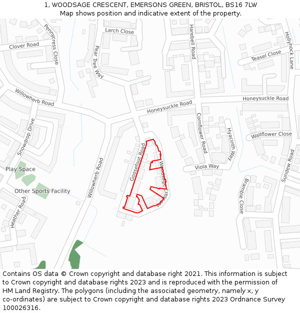 1, WOODSAGE CRESCENT, EMERSONS GREEN, BRISTOL, BS16 7LW: Location map and indicative extent of plot