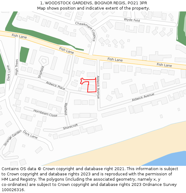 1, WOODSTOCK GARDENS, BOGNOR REGIS, PO21 3PR: Location map and indicative extent of plot