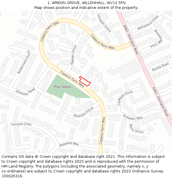 1, WREKIN GROVE, WILLENHALL, WV12 5FN: Location map and indicative extent of plot