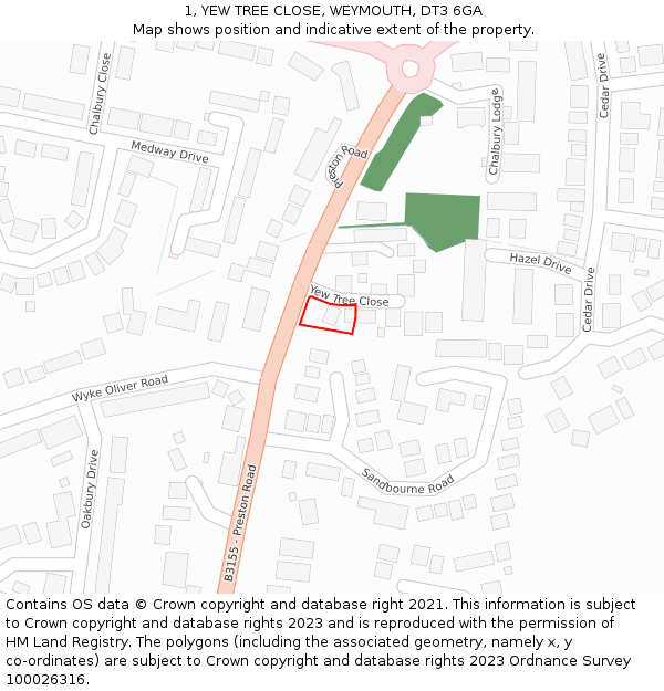 1, YEW TREE CLOSE, WEYMOUTH, DT3 6GA: Location map and indicative extent of plot