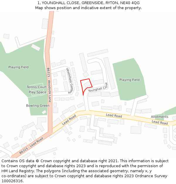 1, YOUNGHALL CLOSE, GREENSIDE, RYTON, NE40 4QG: Location map and indicative extent of plot